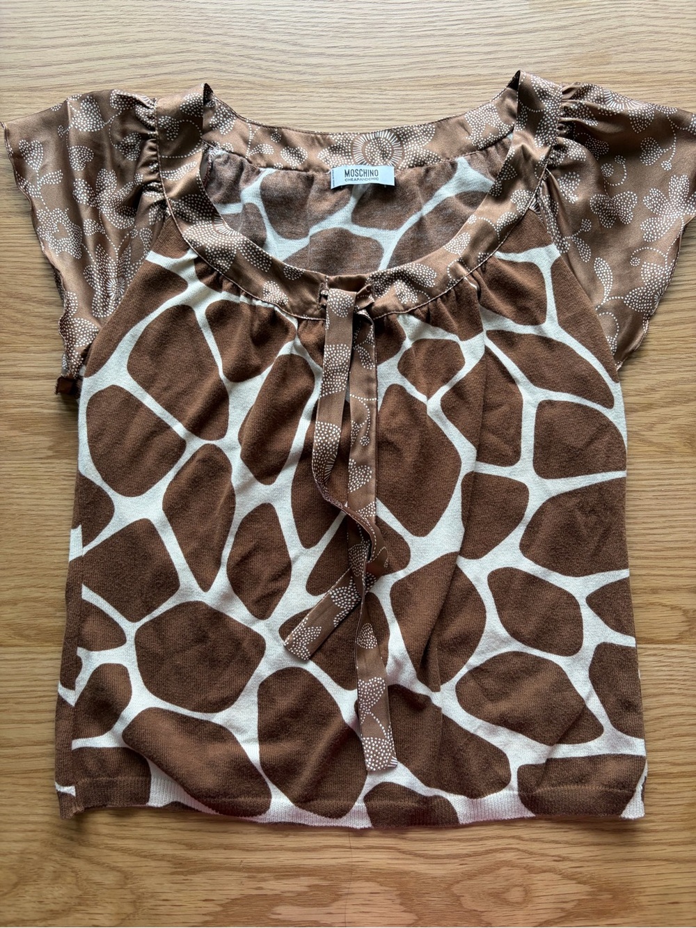 Moschino Brown and Cream Giraffe-Print Tie-Front Blouse